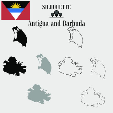 Antigua and Barbuda outline world map, solid, dash line contour silhouette, national flag vector illustration design, isolated on background, objects, element, symbol from countries set