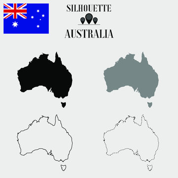 Australia outline world map, solid, dash line contour silhouette, national flag vector illustration design, isolated on background, objects, element, symbol from countries set