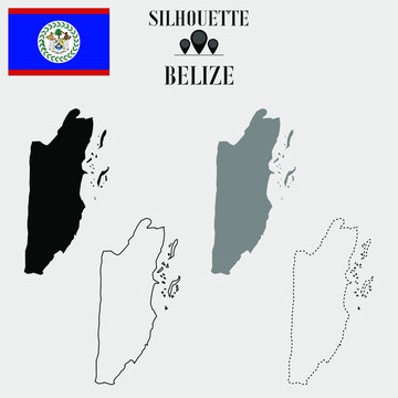 Belize outline world map, solid, dash line contour silhouette, national flag vector illustration design, isolated on background, objects, element, symbol from countries set