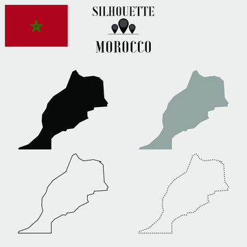 Morocco outline world map, solid, dash line contour silhouette, national flag vector illustration design, isolated on background, objects, element, symbol from countries set