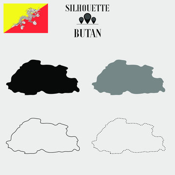 Bhutan outline world map, solid, dash line contour silhouette, national flag vector illustration design, isolated on background, objects, element, symbol from countries set