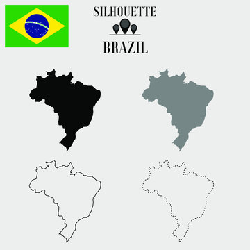 Brazil outline world map, solid, dash line contour silhouette, national flag vector illustration design, isolated on background, objects, element, symbol from countries set