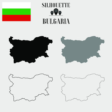 Bulgaria outline world map, solid, dash line contour silhouette, national flag vector illustration design, isolated on background, objects, element, symbol from countries set