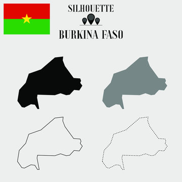 Burkina Faso  outline world map, solid, dash line contour silhouette, national flag vector illustration design, isolated on background, objects, element, symbol from countries set