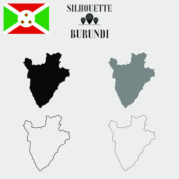 Burundi outline world map, solid, dash line contour silhouette, national flag vector illustration design, isolated on background, objects, element, symbol from countries set