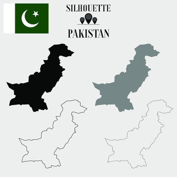 Pakistan outline world map, solid, dash line contour silhouette, national flag vector illustration design, isolated on background, objects, element, symbol from countries set