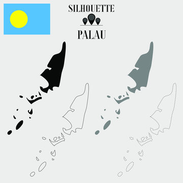 Palau outline world map, solid, dash line contour silhouette, national flag vector illustration design, isolated on background, objects, element, symbol from countries set