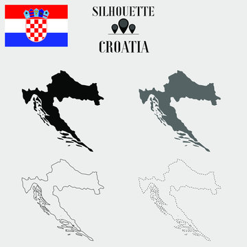 Croatia outline world map, solid, dash line contour silhouette, national flag vector illustration design, isolated on background, objects, element, symbol from countries set