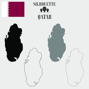 Qatar outline world map, solid, dash line contour silhouette, national flag vector illustration design, isolated on background, objects, element, symbol from countries set