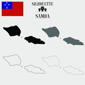 Samoa outline world map, solid, dash line contour silhouette, national flag vector illustration design, isolated on background, objects, element, symbol from countries set