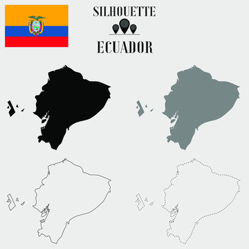 Ecuador outline world map, solid, dash line contour silhouette, national flag vector illustration design, isolated on background, objects, element, symbol from countries set