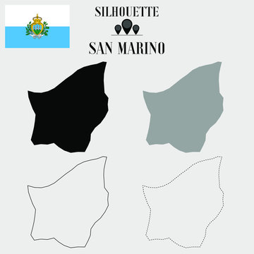San Marino outline world map, solid, dash line contour silhouette, national flag vector illustration design, isolated on background, objects, element, symbol from countries set