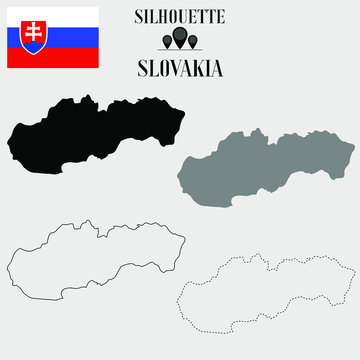 Slovakia outline world map, solid, dash line contour silhouette, national flag vector illustration design, isolated on background, objects, element, symbol from countries set