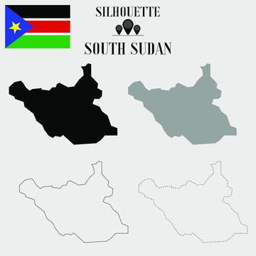 South Sudan  outline world map, solid, dash line contour silhouette, national flag vector illustration design, isolated on background, objects, element, symbol from countries set