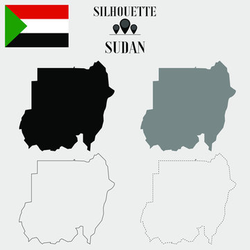 Sudan outline world map, solid, dash line contour silhouette, national flag vector illustration design, isolated on background, objects, element, symbol from countries set