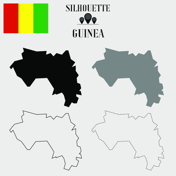 Guinea outline world map, solid, dash line contour silhouette, national flag vector illustration design, isolated on background, objects, element, symbol from countries set