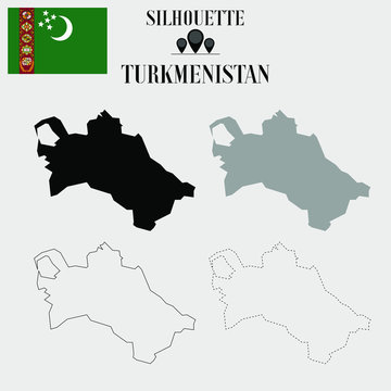 Turkmenistan outline world map, solid, dash line contour silhouette, national flag vector illustration design, isolated on background, objects, element, symbol from countries set