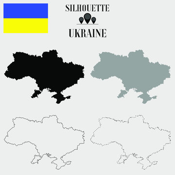 Ukraine outline world map, solid, dash line contour silhouette, national flag vector illustration design, isolated on background, objects, element, symbol from countries set