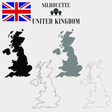 United Kingdom of Great Britain outline world map, solid, dash line contour silhouette, national flag vector illustration design, isolated on background, objects, element, symbol from countries set