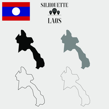 Laos outline world map, solid, dash line contour silhouette, national flag vector illustration design, isolated on background, objects, element, symbol from countries set