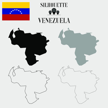 Venezuela outline world map, solid, dash line contour silhouette, national flag vector illustration design, isolated on background, objects, element, symbol from countries set