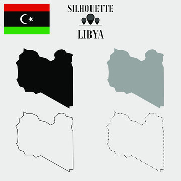 Libya outline world map, solid, dash line contour silhouette, national flag vector illustration design, isolated on background, objects, element, symbol from countries set