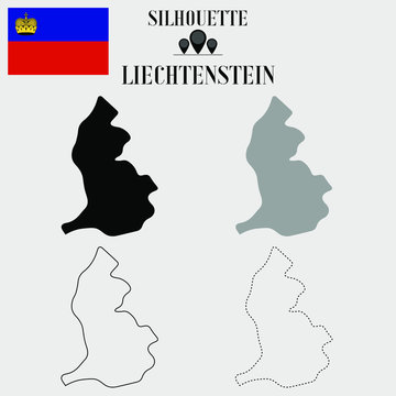 Liechtenstein outline world map, solid, dash line contour silhouette, national flag vector illustration design, isolated on background, objects, element, symbol from countries set