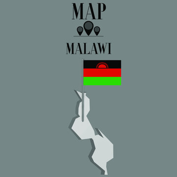 Malawi outline world map, contour silhouette with national flag on flagpole vector illustration design, isolated on background, objects, element, symbol from countries set