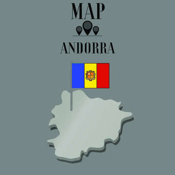 Andorra outline world map, contour silhouette with national flag on flagpole vector illustration design, isolated on background, objects, element, symbol from countries set