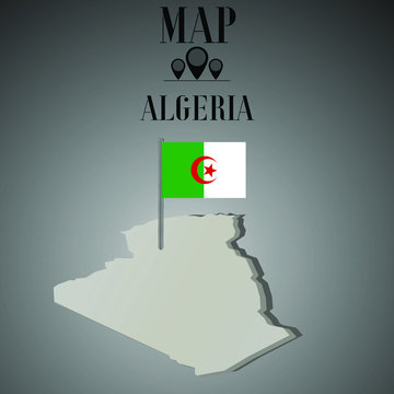 Algeria outline world map, contour silhouette with national flag on flagpole vector illustration design, isolated on background, objects, element, symbol from countries set
