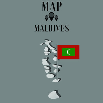 Maldives outline world map, contour silhouette with national flag on flagpole vector illustration design, isolated on background, objects, element, symbol from countries set