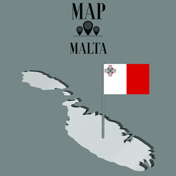 Malta outline world map, contour silhouette with national flag on flagpole vector illustration design, isolated on background, objects, element, symbol from countries set