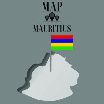 Mauritius outline world map, contour silhouette with national flag on flagpole vector illustration design, isolated on background, objects, element, symbol from countries set
