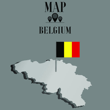 Belgium outline world map, contour silhouette with national flag on flagpole vector illustration design, isolated on background, objects, element, symbol from countries set