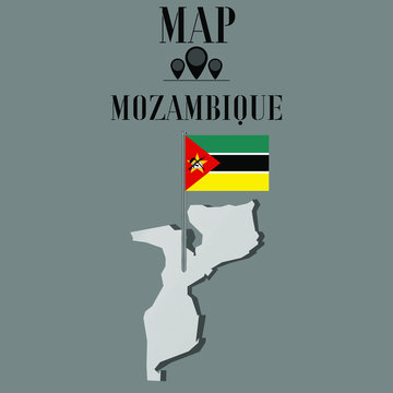 Mozambique outline world map, contour silhouette with national flag on flagpole vector illustration design, isolated on background, objects, element, symbol from countries set
