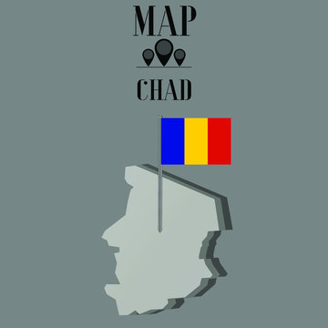 Chad outline world map, contour silhouette with national flag on flagpole vector illustration design, isolated on background, objects, element, symbol from countries set