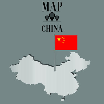 China outline world map, contour silhouette with national flag on flagpole vector illustration design, isolated on background, objects, element, symbol from countries set