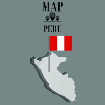 Peru outline world map, contour silhouette with national flag on flagpole vector illustration design, isolated on background, objects, element, symbol from countries set