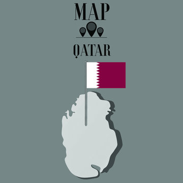 Qatar outline world map, contour silhouette with national flag on flagpole vector illustration design, isolated on background, objects, element, symbol from countries set
