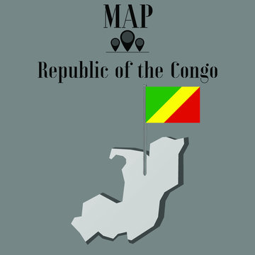 Republic of the Congo  outline world map, contour silhouette with national flag on flagpole vector illustration design, isolated on background, objects, element, symbol from countries set