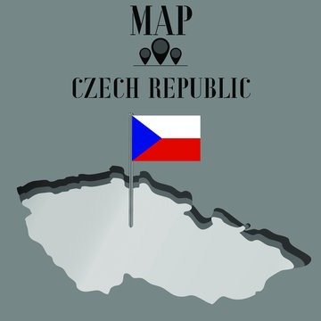 Czech Republic  outline world map, contour silhouette with national flag on flagpole vector illustration design, isolated on background, objects, element, symbol from countries set