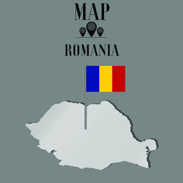 Romania outline world map, contour silhouette with national flag on flagpole vector illustration design, isolated on background, objects, element, symbol from countries set
