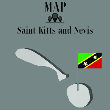 Saint Kitts and Nevis  outline world map, contour silhouette with national flag on flagpole vector illustration design, isolated on background, objects, element, symbol from countries set