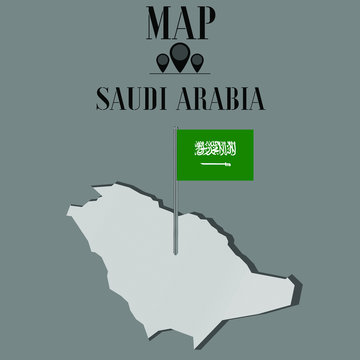 Saudi Arabia outline world map, contour silhouette with national flag on flagpole vector illustration design, isolated on background, objects, element, symbol from countries set