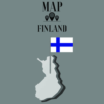 Finland outline world map, contour silhouette with national flag on flagpole vector illustration design, isolated on background, objects, element, symbol from countries set