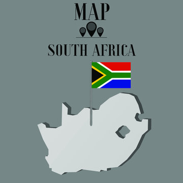 South Africa outline world map, contour silhouette with national flag on flagpole vector illustration design, isolated on background, objects, element, symbol from countries set