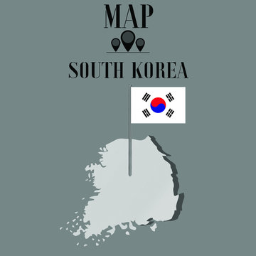 South Korea  outline world map, contour silhouette with national flag on flagpole vector illustration design, isolated on background, objects, element, symbol from countries set