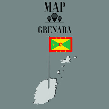 Grenada outline world map, contour silhouette with national flag on flagpole vector illustration design, isolated on background, objects, element, symbol from countries set