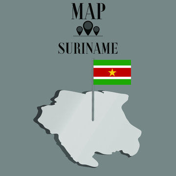 Suriname outline world map, contour silhouette with national flag on flagpole vector illustration design, isolated on background, objects, element, symbol from countries set