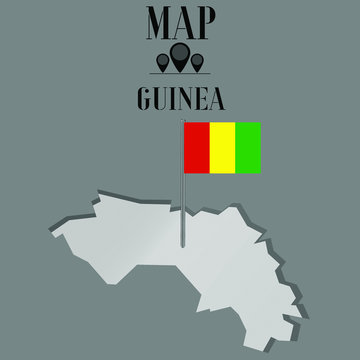 Guinea outline world map, contour silhouette with national flag on flagpole vector illustration design, isolated on background, objects, element, symbol from countries set